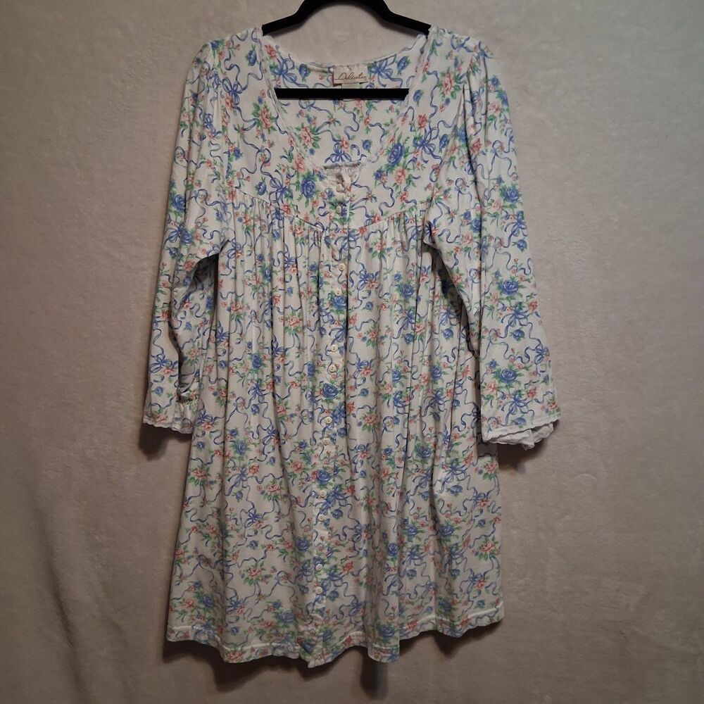 Delicates M Nightgown 100% Cotton Babydoll Jersey Knit Blue Pink Above Knee VTG